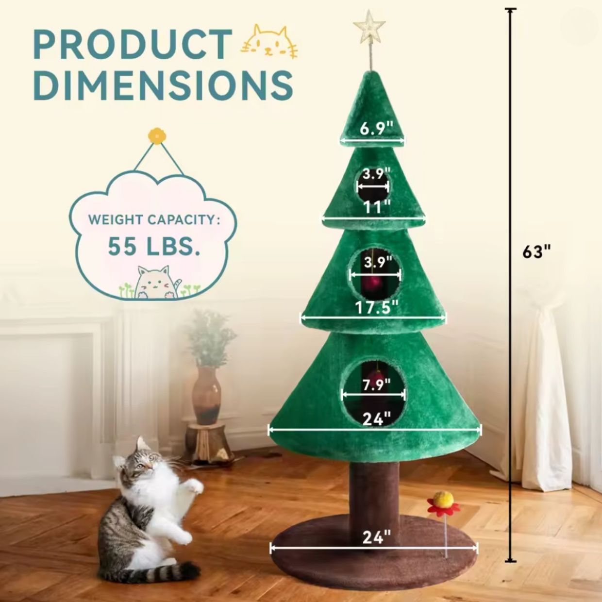 63" Christmas Cat Tree Cat Tower Christmas Gift Indoor Home Decor