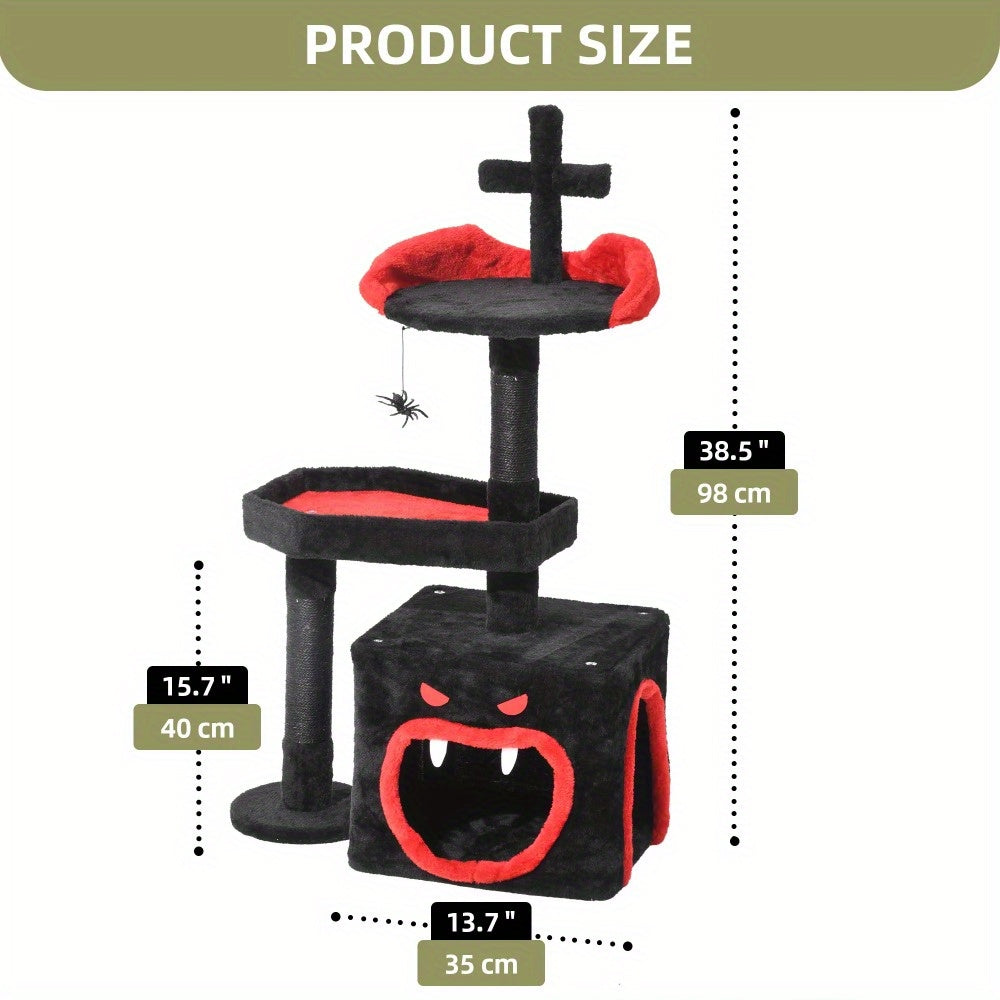 38.5" Gothic Cat Tower - Black Cat Tree with Coffin Bed