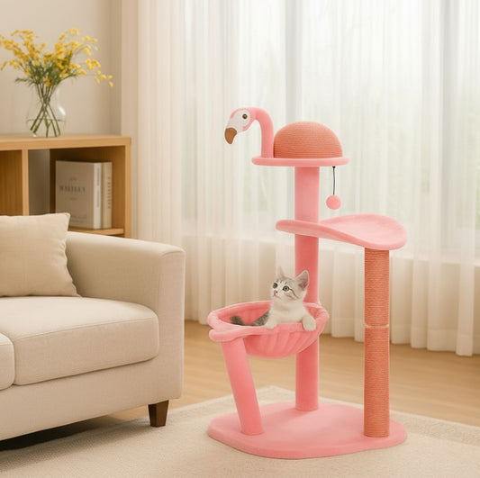 37" Cute Flamingo Cat Tree with Sisal Scratching Posts, Perch and Hammock