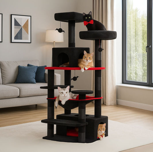 72" Spooky Halloween Cat Tower with Sisal Scratching Posts, Plush Hammock & Condos