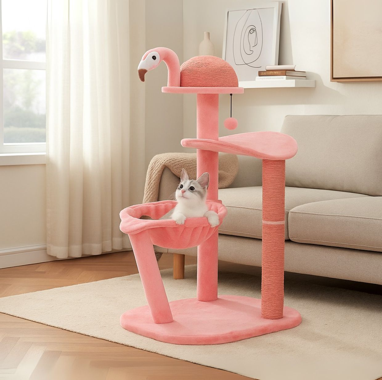37" Cute Flamingo Cat Tree with Sisal Scratching Posts, Perch and Hammock