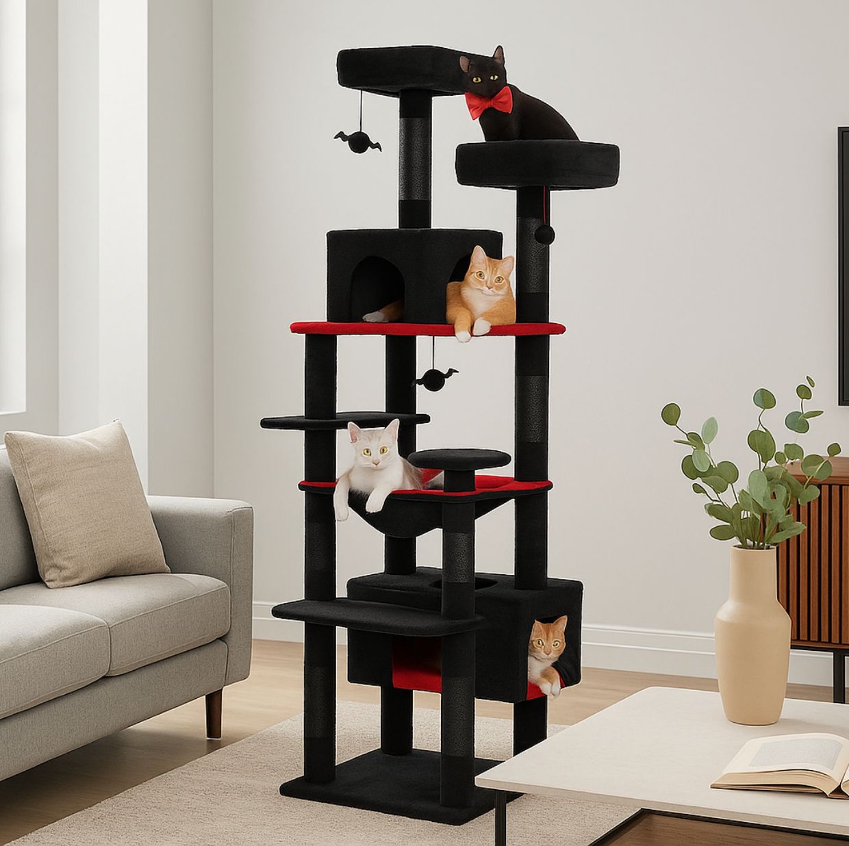 72" Spooky Halloween Cat Tower with Sisal Scratching Posts, Plush Hammock & Condos