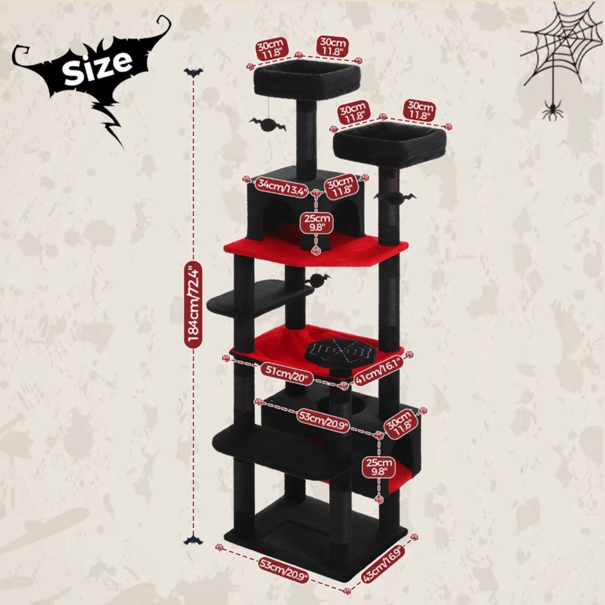 72" Spooky Halloween Cat Tree with Sisal Scratching Posts, Plush Hammock & Condos