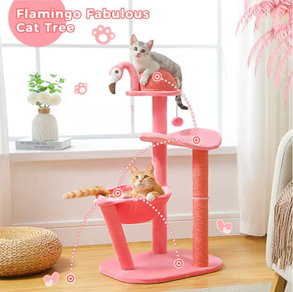 37" Cute Flamingo Cat Tree with Sisal Scratching Posts, Perch and Hammock