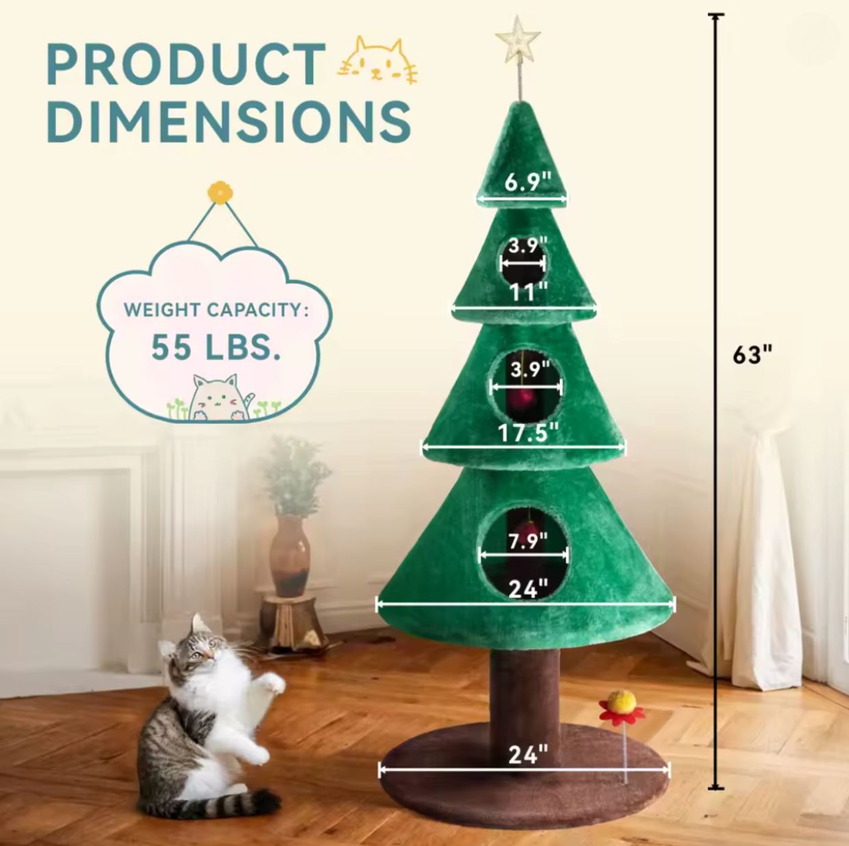 63" Christmas Cat Tree Cat Tower Christmas Gift Indoor Home Decor