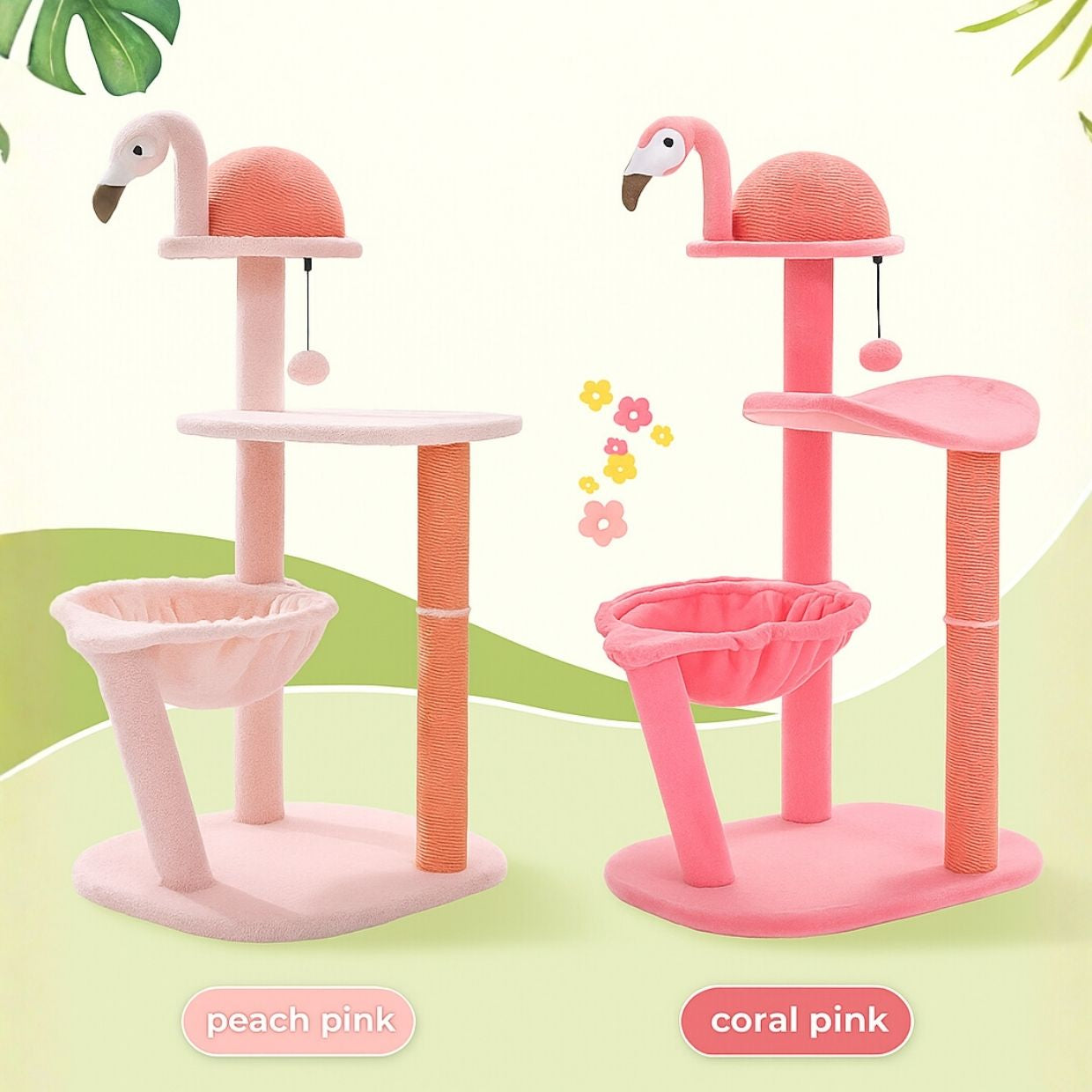 Cute Flamingo Cat Tree with Sisal Scratching Posts, Perch and Hammock