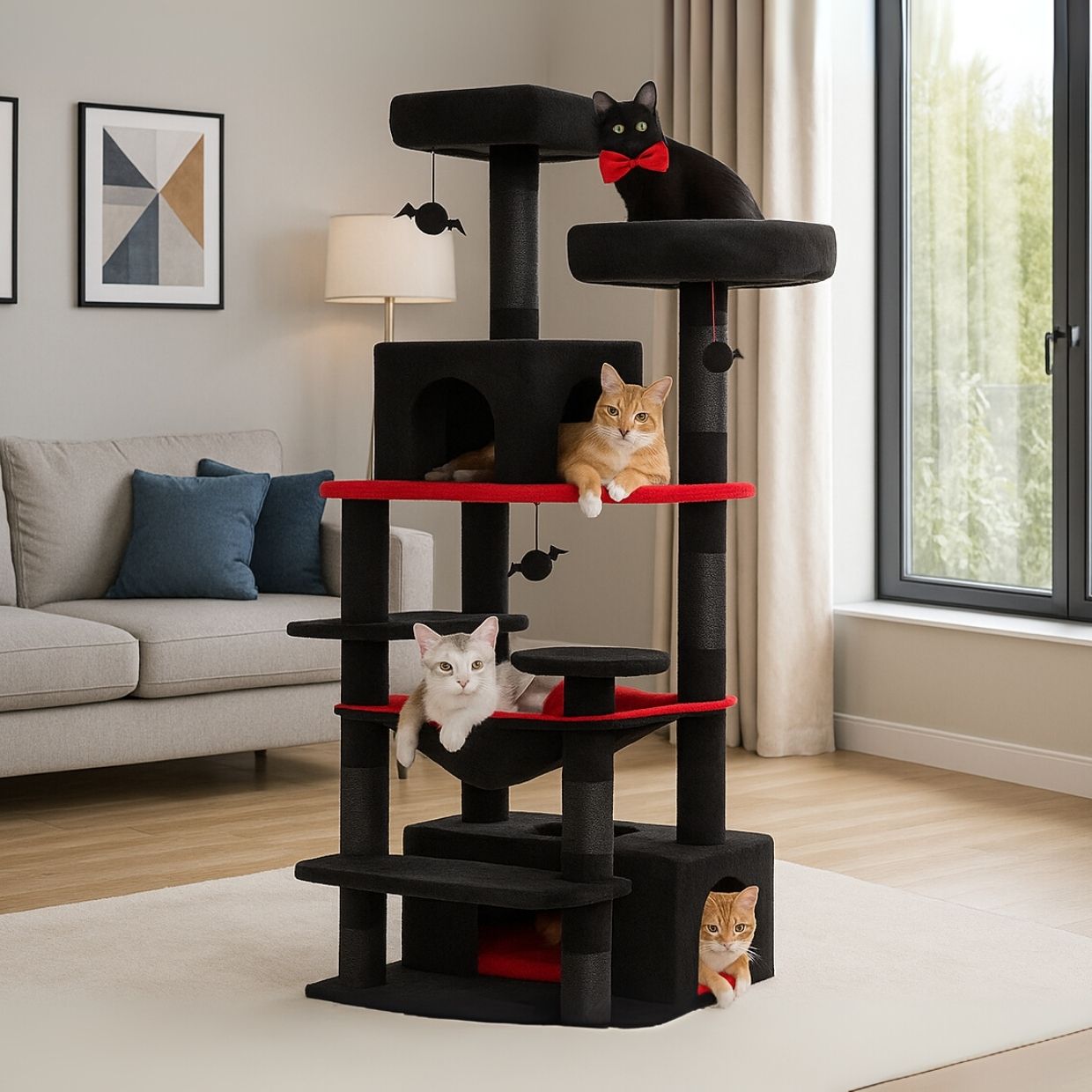 72" Spooky Halloween Cat Tree with Sisal Scratching Posts, Plush Hammock & Condos