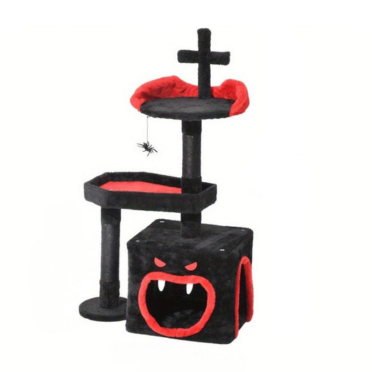 38.5-Inch Gothic Black and Red Cat Tree with Coffin Bed