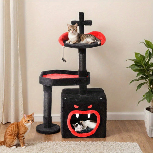 38.5" Gothic Cat Tower - Black Cat Tree with Coffin Bed