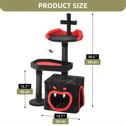 38.5" Gothic Cat Tower - Black Cat Tree with Coffin Bed