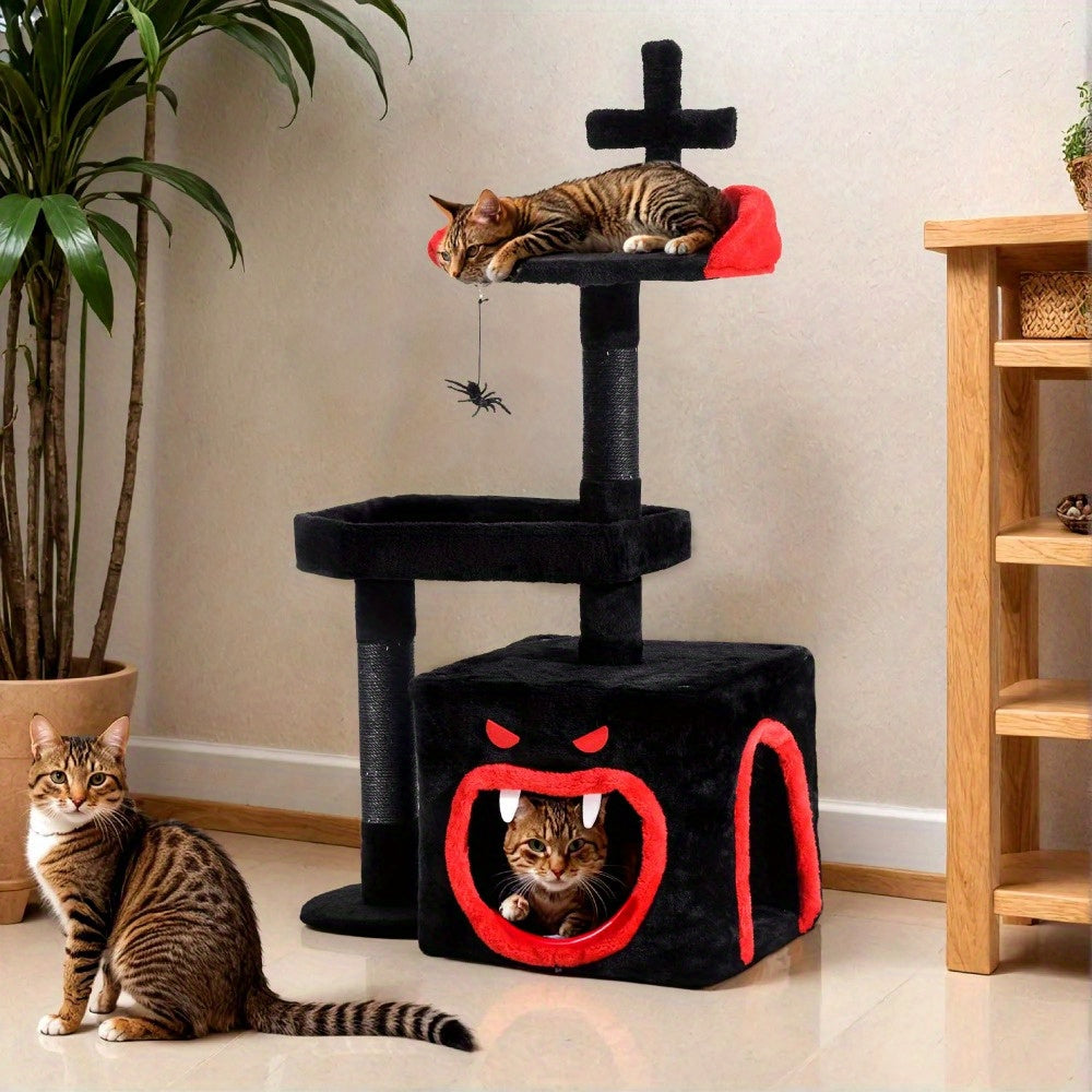 38.5" Gothic Cat Tower - Black Cat Tree with Coffin Bed