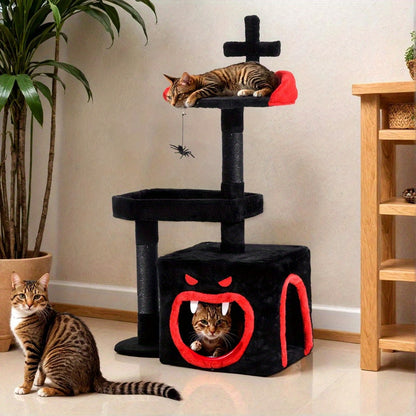 38.5" Gothic Cat Tower - Black Cat Tree with Coffin Bed