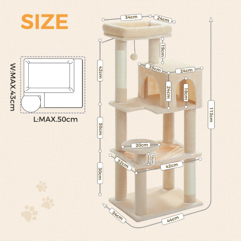 Cat Tree Tower 113cm: Multi-Level Condo, Sisal Posts, Hammock